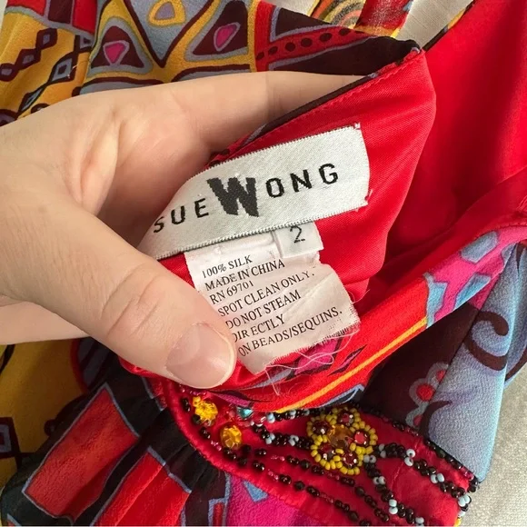 Sue Wong vintage VTG 100% silk flowy halter top Y2K beaded dress bright colors - Picture 9 of 13